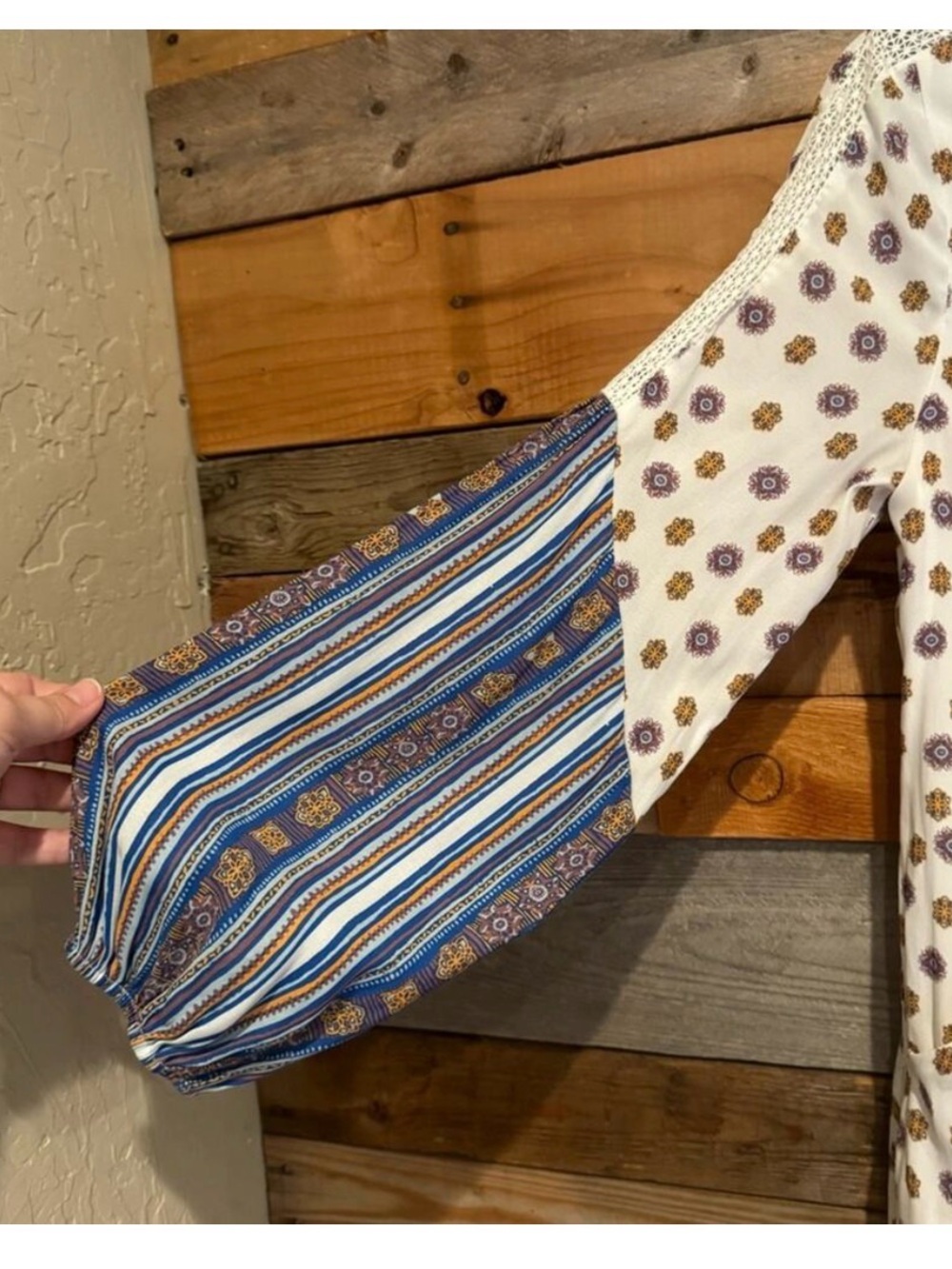 Free People-Boho Peasant Tunic Dress in Cream and Blue Sz XS VGUC - Picture 9 of 15